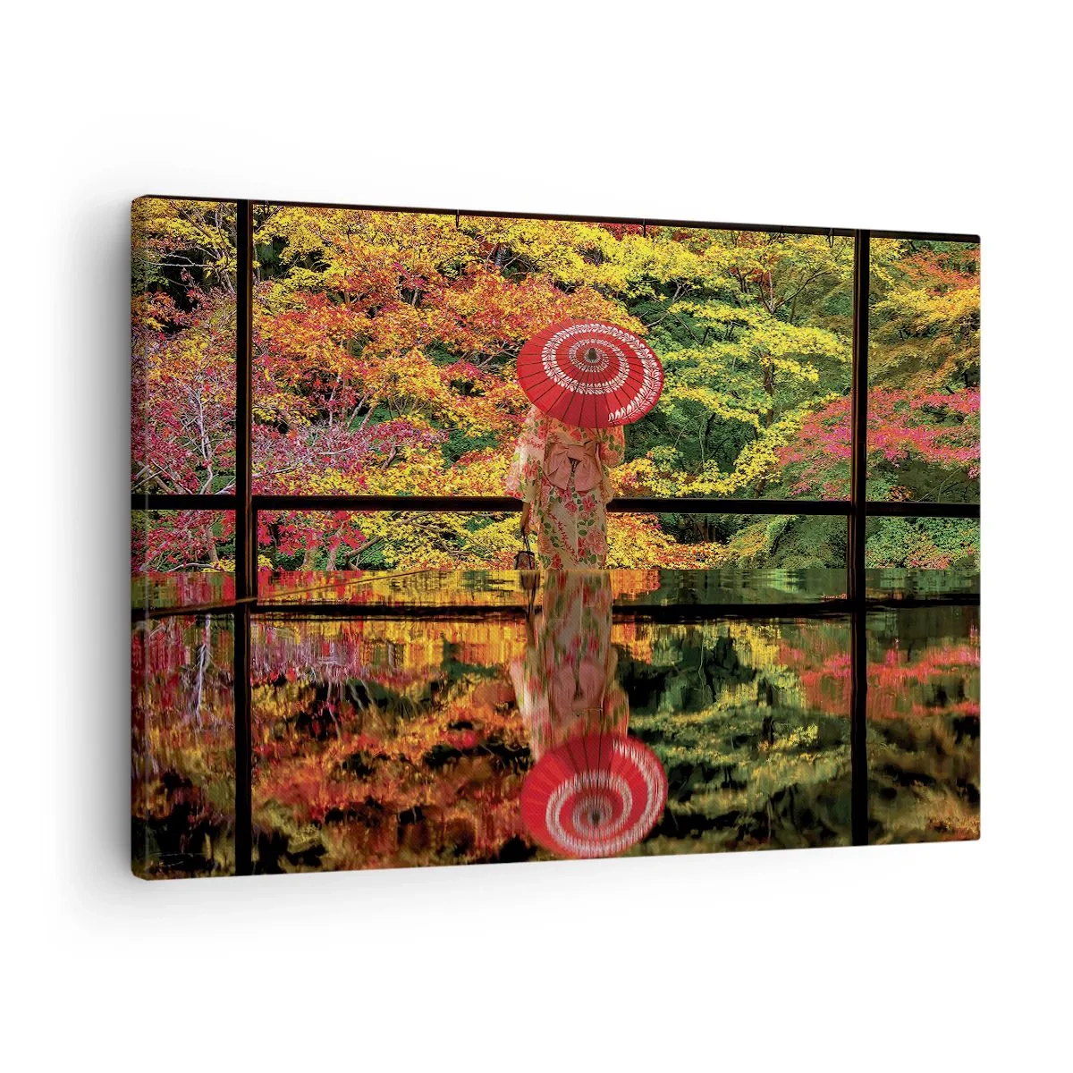 Cuadro sobre lienzo - Impresión de Imagen - Una mujer con un kimono y un paraguas con el telón de fondo de un paisaje otoñal. - 70x50cm - En un templo de la naturaleza - Decoración de pared moderna para salón y dormitorio ARTTOR