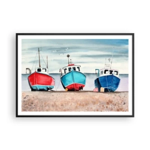 Póster en marco negro - Coloridos barcos de pesca en la orilla en un paisaje marino - 100x70cm - Listos para la pesca - Decoración de pared moderna para salón y dormitorio ARTTOR