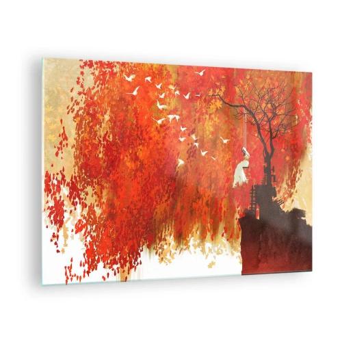 Cuadro sobre vidrio - Impresiones sobre Vidrio - Hojas rojas, un árbol solitario y pájaros en una escena otoñal. - 70x50cm - ¿Volará con ellos? - Decoración de pared moderna para salón y dormitorio ARTTOR