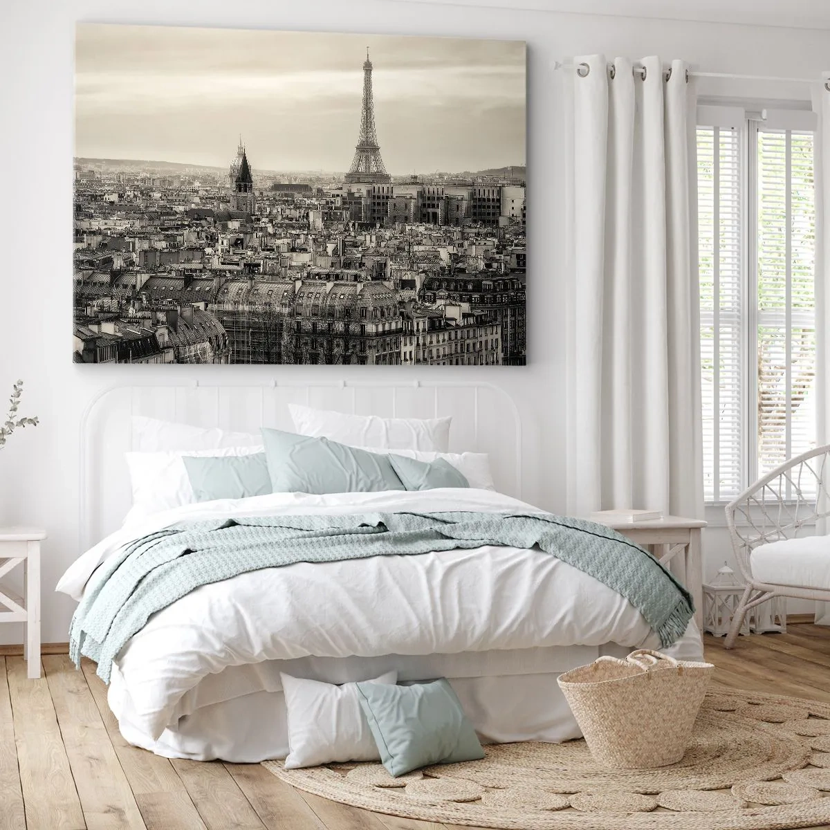 Cuadro sobre lienzo - Impresión de Imagen - Panorama de París con la Torre Eiffel en tonos sepia - 70x50cm - Sobre los tejados de París - Decoración de pared moderna para salón y dormitorio ARTTOR
