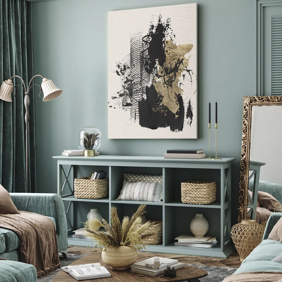 Cuadro sobre lienzo - Impresión de Imagen - Una pintura abstracta en negro y dorado con líneas y estructuras dinámicas. - 50x70cm - Composición con pasión - Decoración de pared moderna para salón y dormitorio ARTTOR