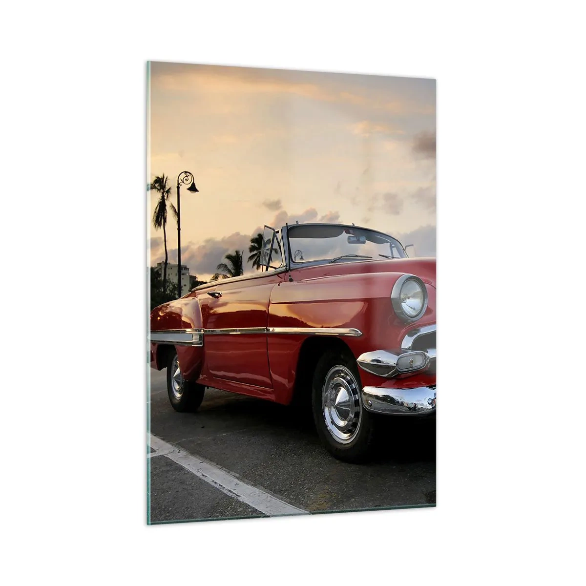 Cuadro sobre vidrio - Impresiones sobre Vidrio - Un convertible clásico rojo con el atardecer como fondo - 50x70cm - El rojo calor de los trópicos - Decoración de pared moderna para salón y dormitorio ARTTOR