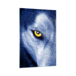 Cuadro sobre vidrio - Impresiones sobre Vidrio - Primer plano de la intensa mirada de un lobo sobre un fondo oscuro. - 80x120cm - La mirada hipnótica - Decoración de pared moderna para salón y dormitorio ARTTOR
