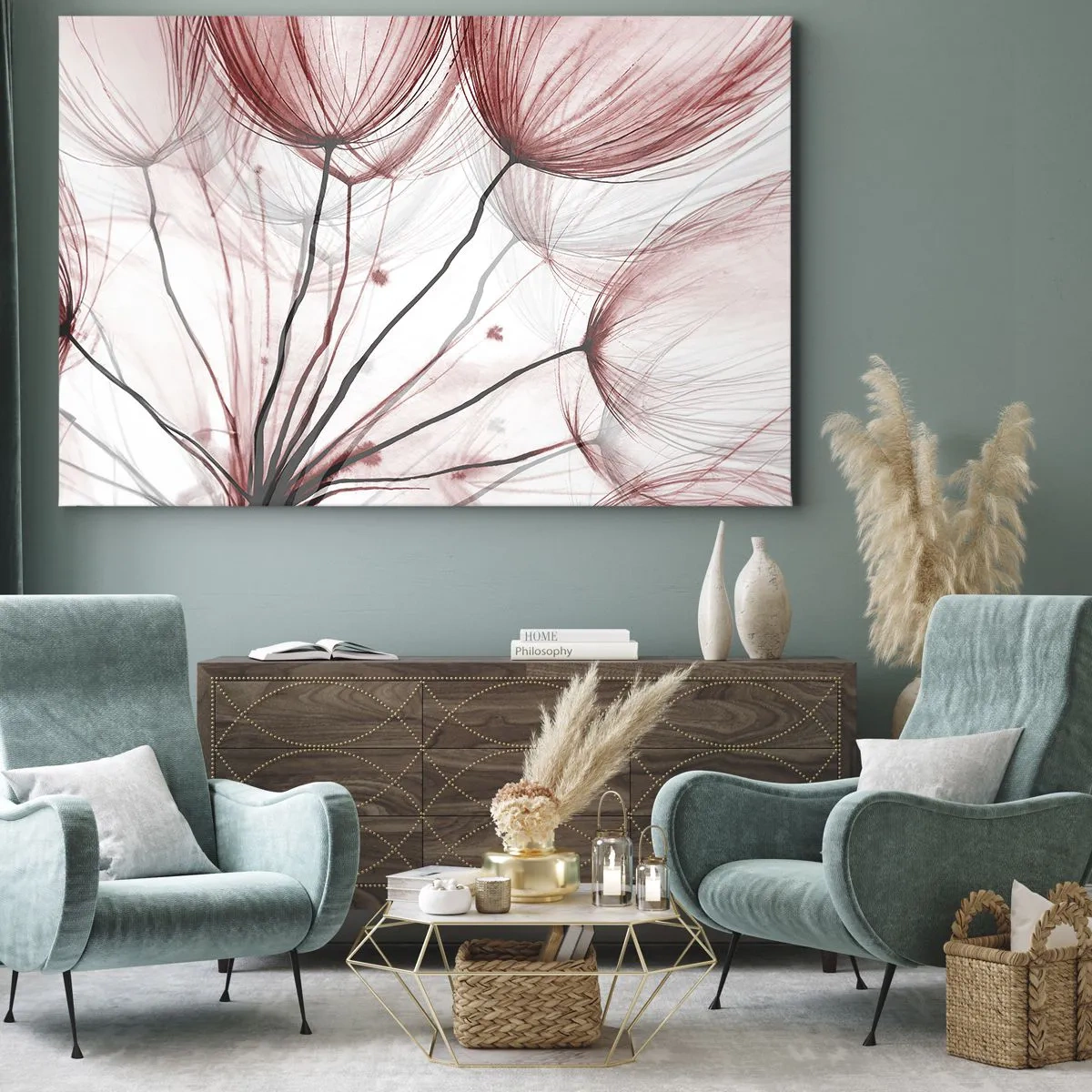 Cuadro sobre lienzo - Impresión de Imagen - Delicadas flores en tonos rojos sobre un fondo claro. - 70x50cm - Antes de partir - Decoración de pared moderna para salón y dormitorio ARTTOR