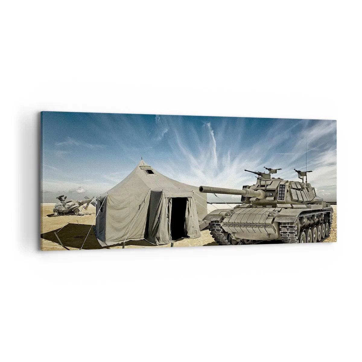 Cuadro sobre lienzo - Impresión de Imagen - Un tanque junto a una tienda militar en una zona desértica. - 120x50cm - Campaña militar - Decoración de pared moderna para salón y dormitorio ARTTOR