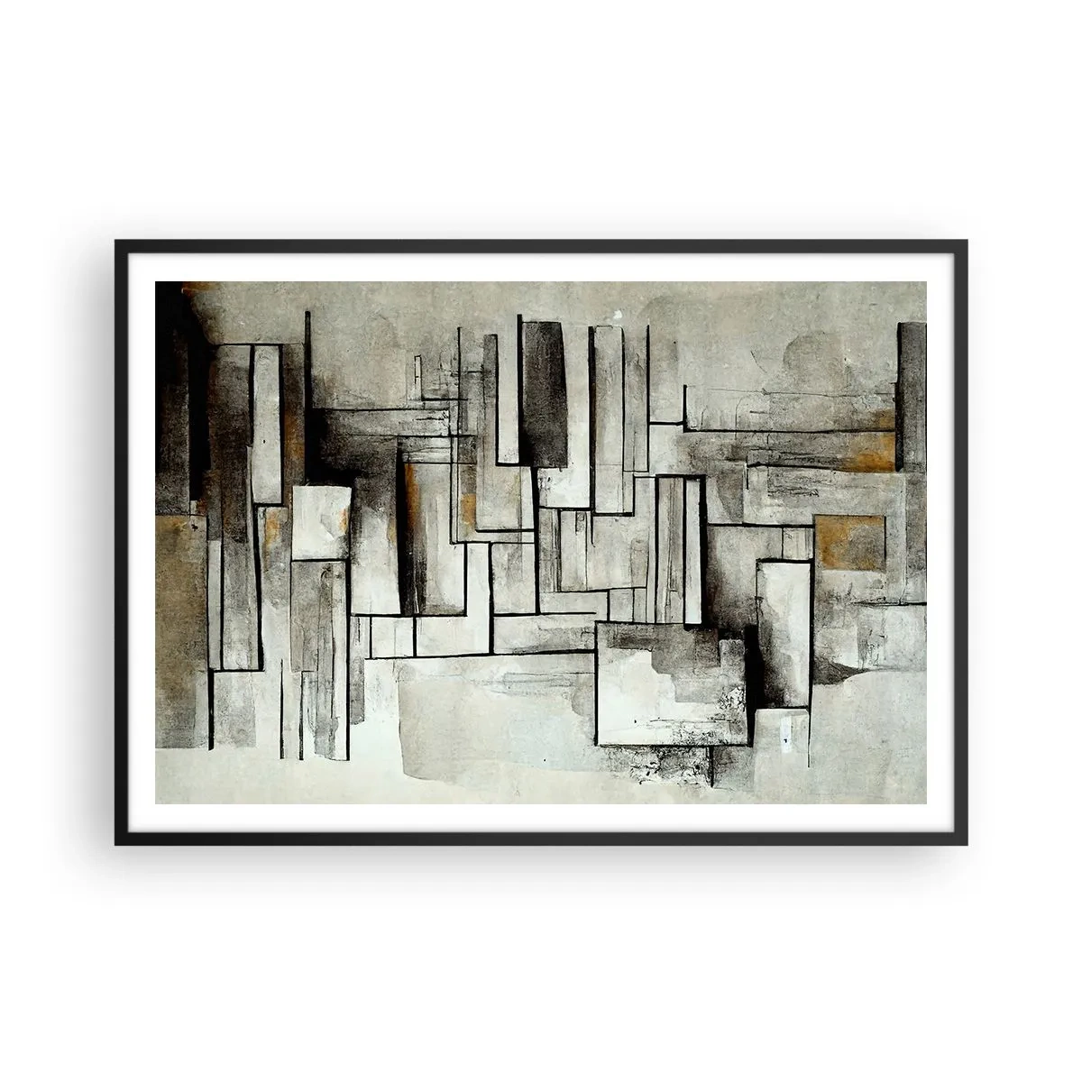 Póster en marco negro - Rectángulos abstractos en tonos de gris y negro. - 100x70cm - El poder de la sencillez - Decoración de pared moderna para salón y dormitorio ARTTOR