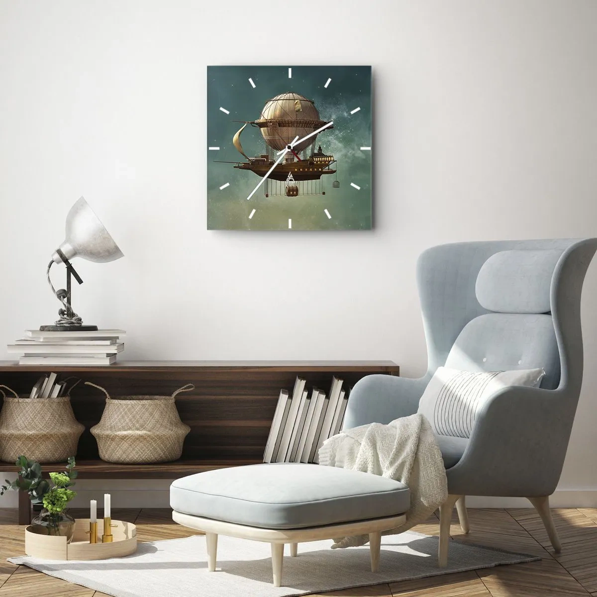 Reloj de pared - Reloj de vidrio - Un dirigible fantástico contra el cielo verdoso. - 30x30cm - Julio Verne saluda - Decoración de pared moderna para salón y dormitorio ARTTOR