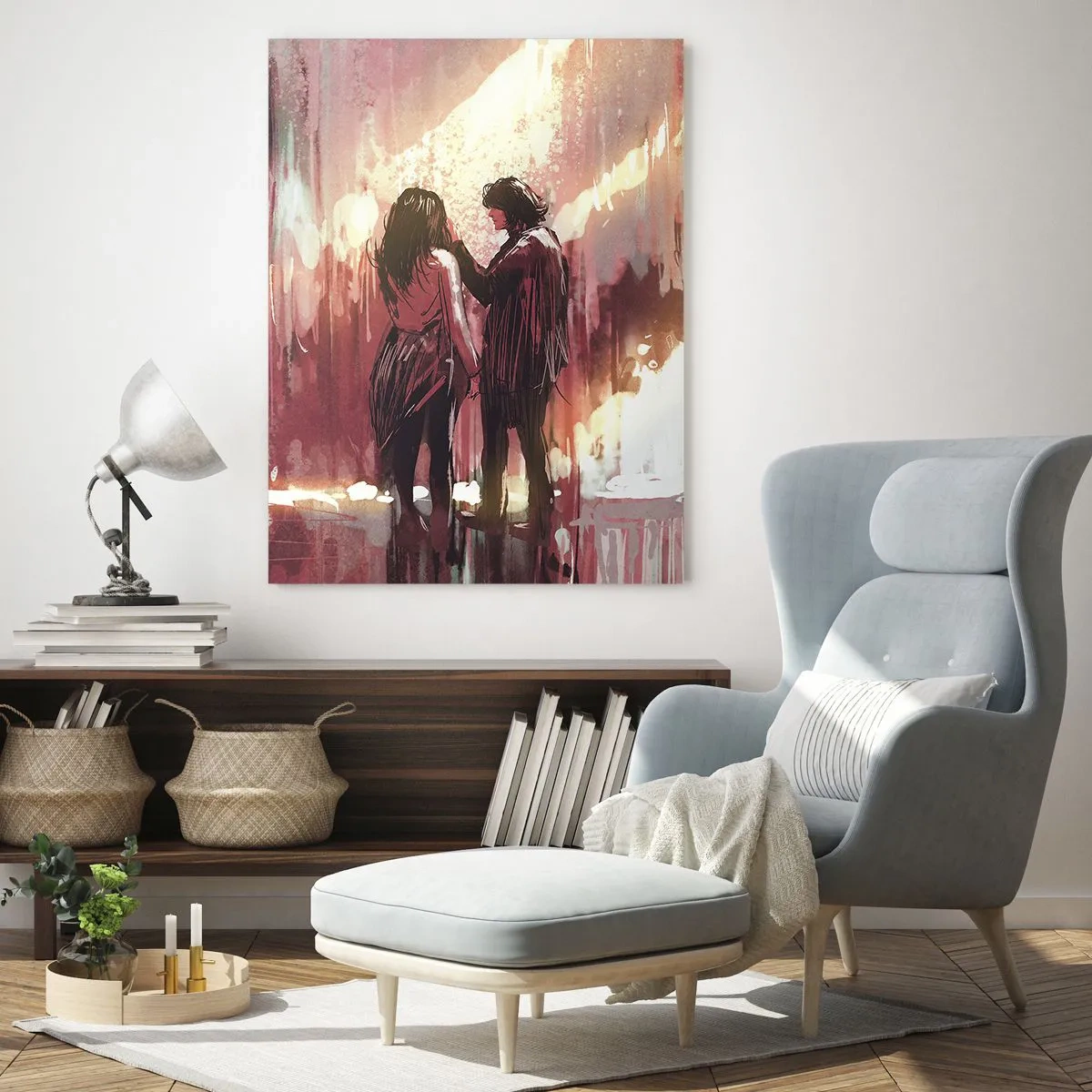 Cuadro sobre vidrio - Impresiones sobre Vidrio - Una pareja bajo la cálida luz de un entorno abstracto. - 50x70cm - El eterno espectáculo del amor - Decoración de pared moderna para salón y dormitorio ARTTOR