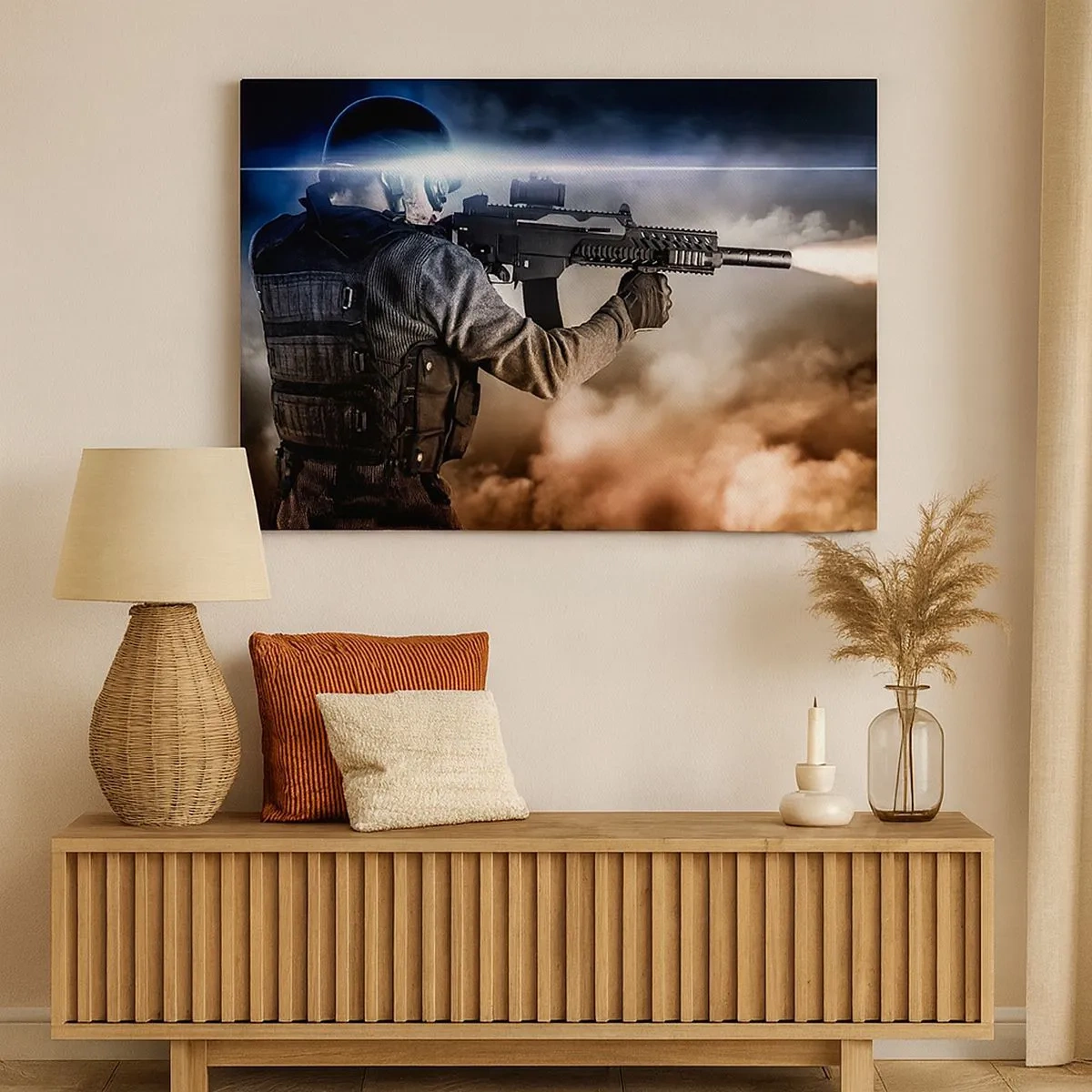 Cuadro sobre lienzo - Impresión de Imagen - Un soldado en acción con un rifle contra un fondo de nubes y luz. - 70x50cm - Luchador - Decoración de pared moderna para salón y dormitorio ARTTOR