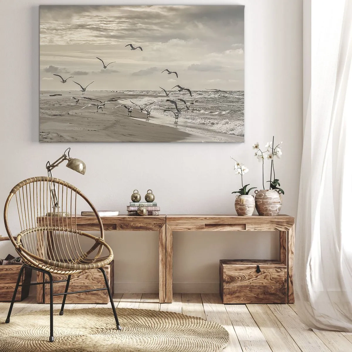 Cuadro sobre lienzo - Impresión de Imagen - Una gaviota en vuelo sobre un paisaje costero - 120x80cm - El sonido del mar, el canto de los pájaros - Decoración de pared moderna para salón y dormitorio ARTTOR