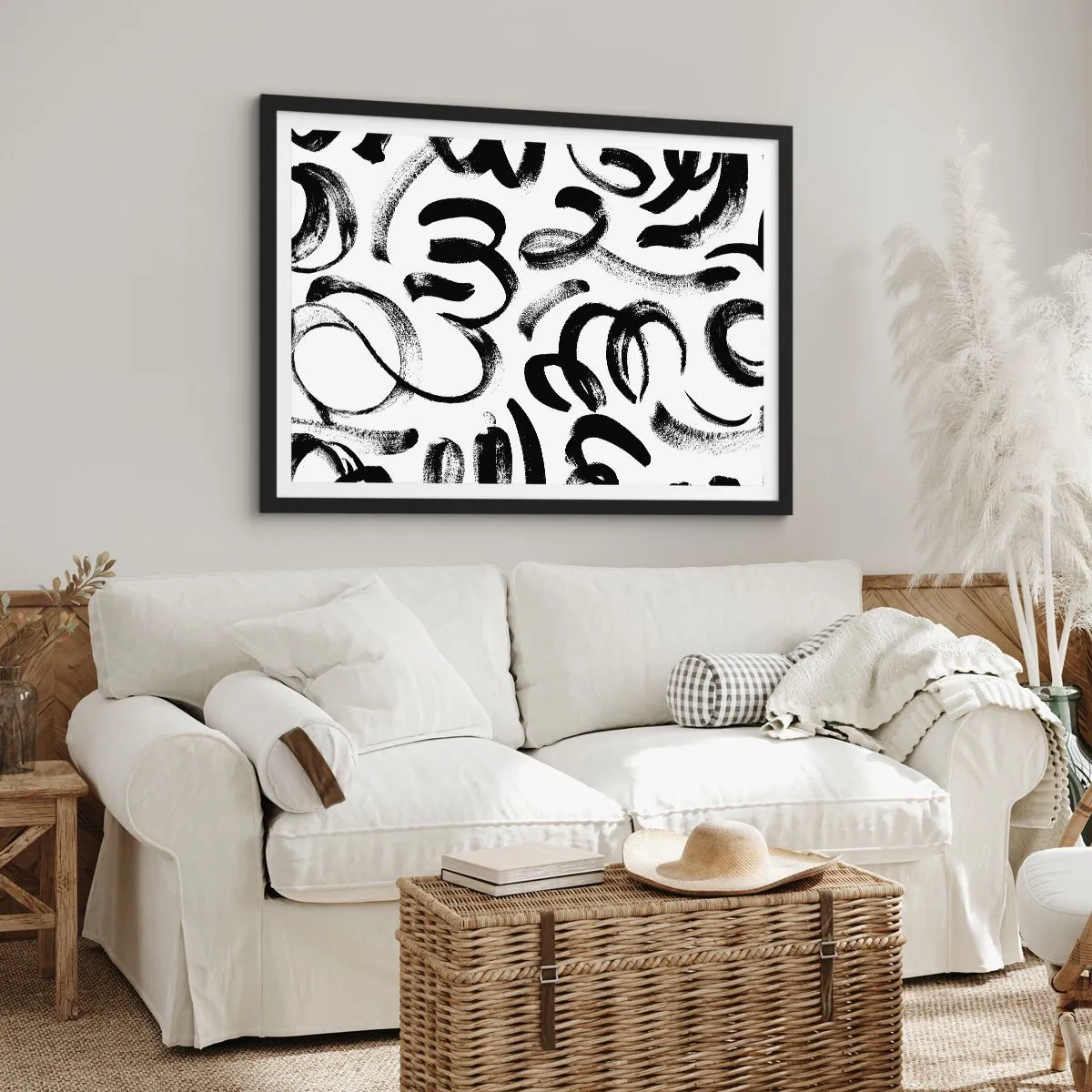Póster en marco negro - Pinceladas abstractas negras sobre fondo blanco - 70x50cm - Negro sobre blanco - Decoración de pared moderna para salón y dormitorio ARTTOR