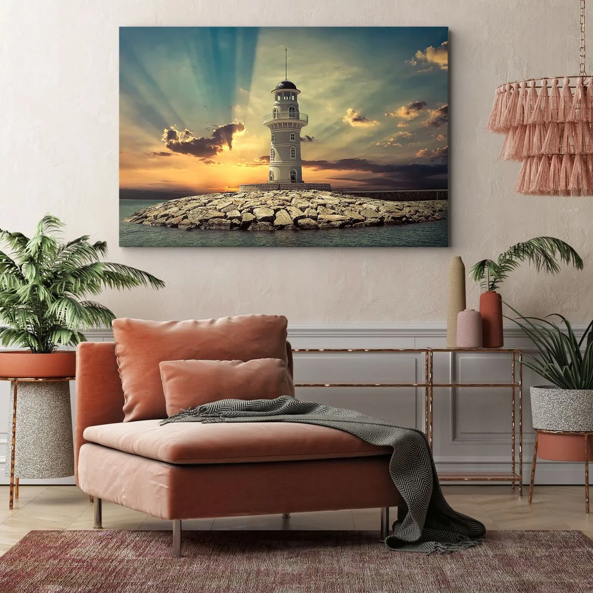 Cuadro sobre lienzo - Impresión de Imagen - Un faro al atardecer contra el cielo. - 100x70cm - Luz - Bondad - Belleza - Decoración de pared moderna para salón y dormitorio ARTTOR