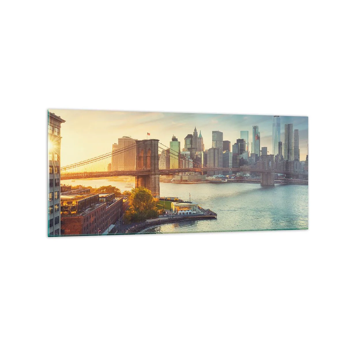 Cuadro sobre vidrio - Impresiones sobre Vidrio - Panorama de la ciudad con el puente al atardecer - 120x50cm - El amanecer de la gran ciudad - Decoración de pared moderna para salón y dormitorio ARTTOR