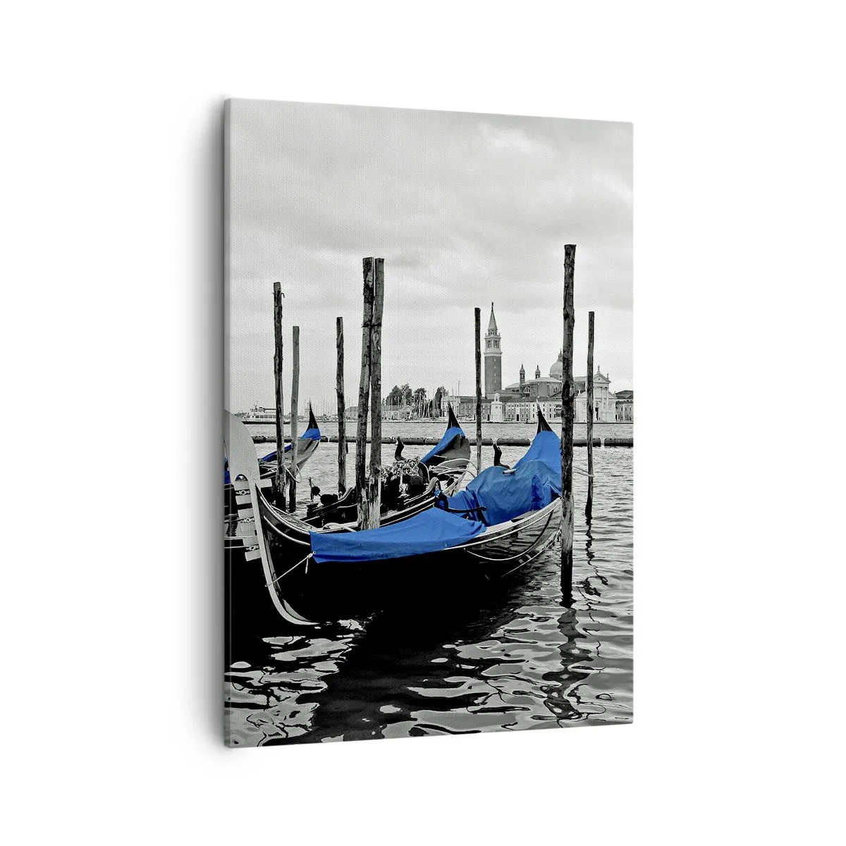 Cuadro sobre lienzo - Impresión de Imagen - Góndolas en Venecia con cubiertas azules - 50x70cm - Venecia en el pensamiento - Decoración de pared moderna para salón y dormitorio ARTTOR