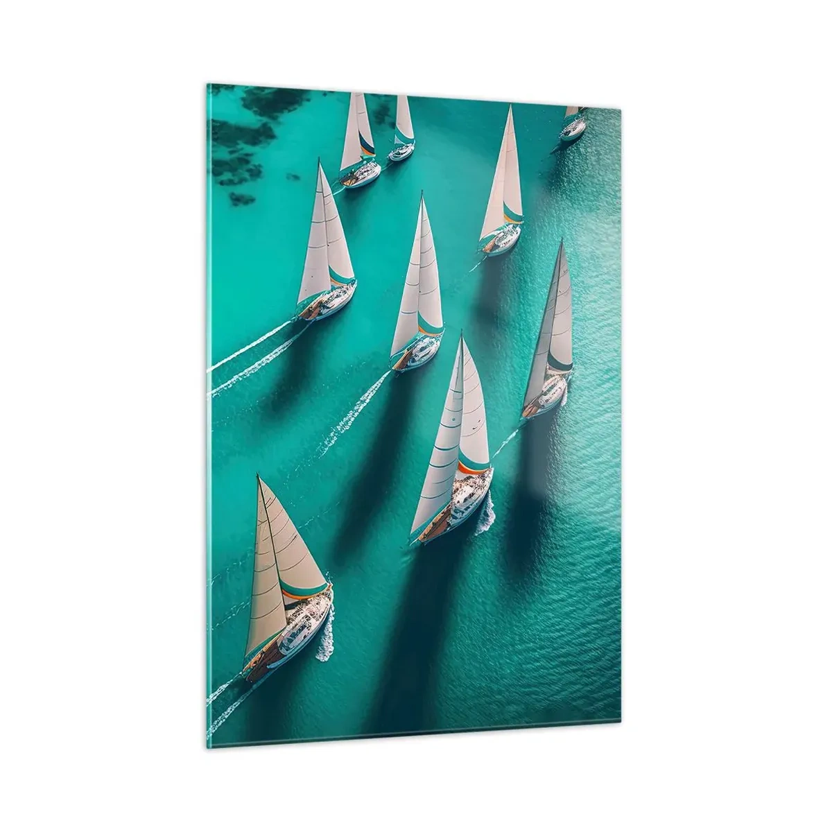 Cuadro sobre vidrio - Impresiones sobre Vidrio - Veleros en aguas turquesas capturados a vista de pájaro - 50x70cm - En competición con el viento - Decoración de pared moderna para salón y dormitorio ARTTOR