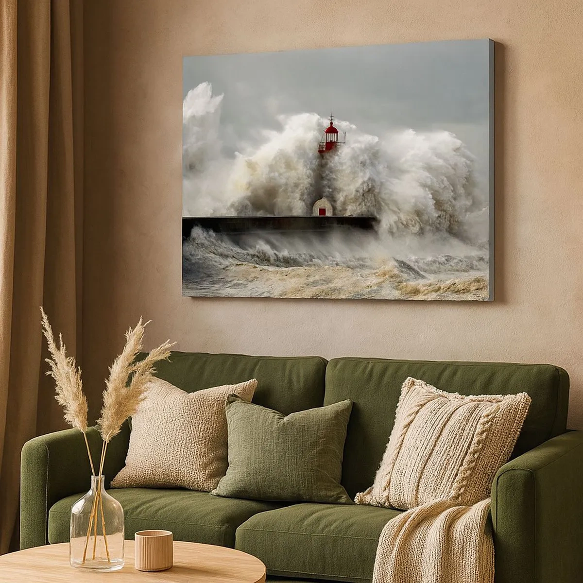 Cuadro sobre lienzo - Impresión de Imagen - Un faro rodeado de fuertes olas durante una tormenta. - 70x50cm - La furia del océano - Decoración de pared moderna para salón y dormitorio ARTTOR