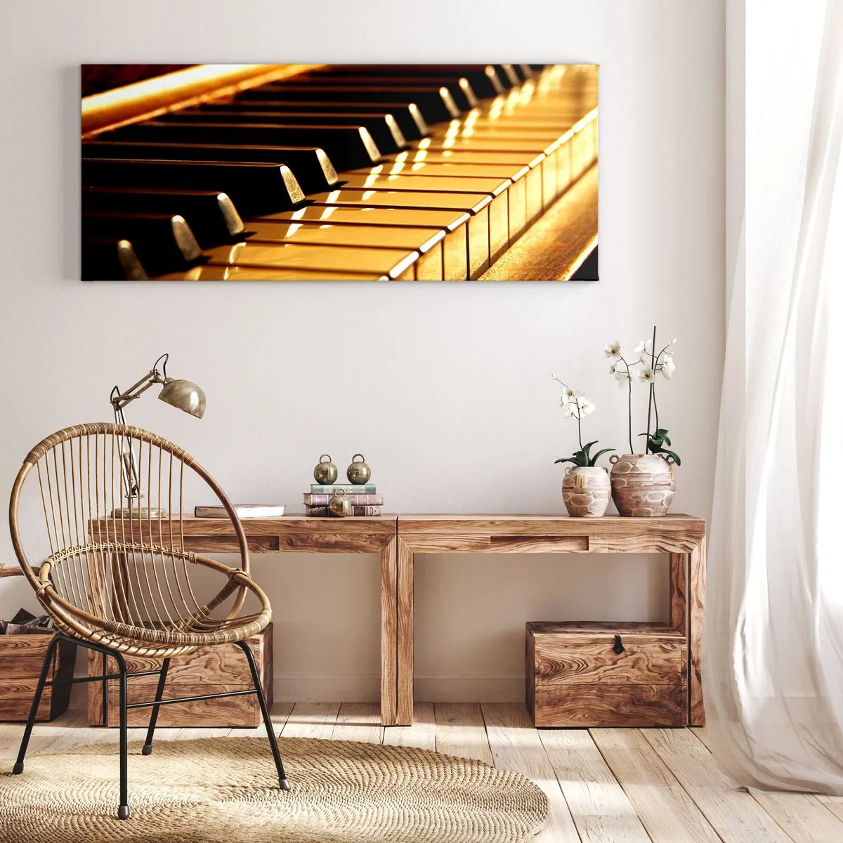 Cuadro sobre lienzo - Impresión de Imagen - Teclado de piano con iluminación dorada - 120x50cm - Posibilidades ilimitadas - Decoración de pared moderna para salón y dormitorio ARTTOR