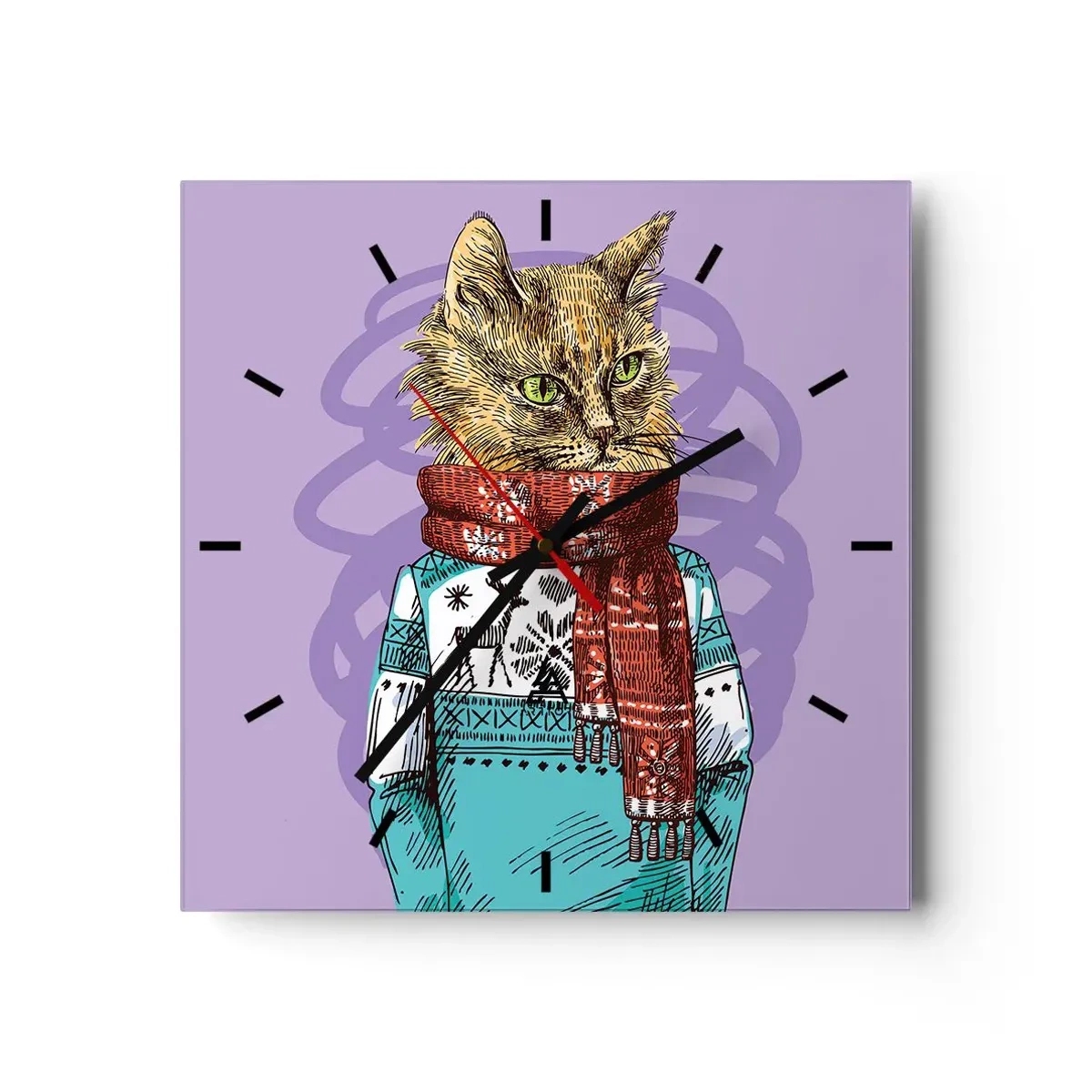 Reloj de pared - Reloj de vidrio - Un gato con un suéter y una bufanda sobre un fondo morado. - 30x30cm - El gato no solo tenía botas - Decoración de pared moderna para salón y dormitorio ARTTOR