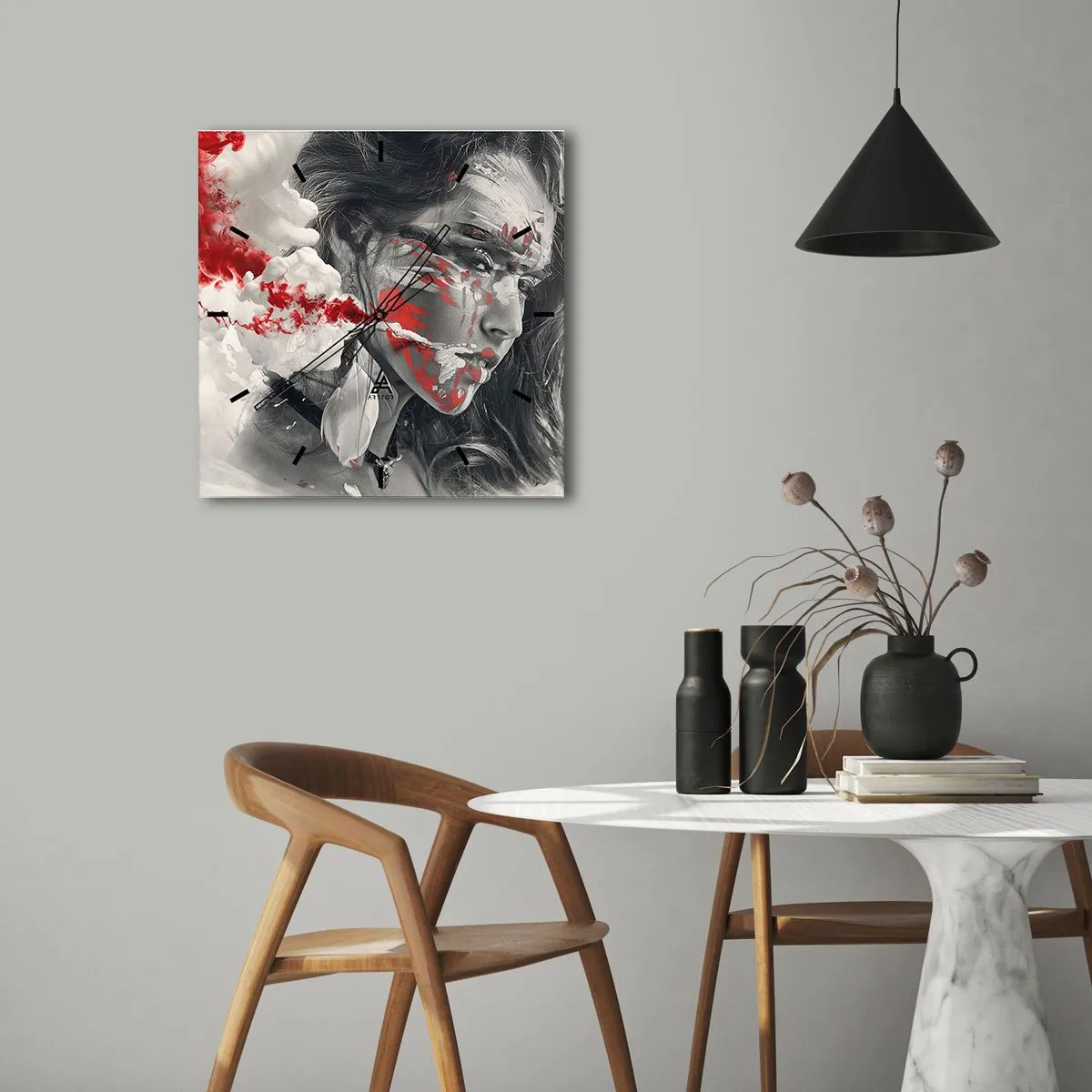 Reloj de pared - Reloj de vidrio - Retrato artístico de una mujer con acentos rojos abstractos. - 30x30cm - En los humos del absurdo - Decoración de pared moderna para salón y dormitorio ARTTOR