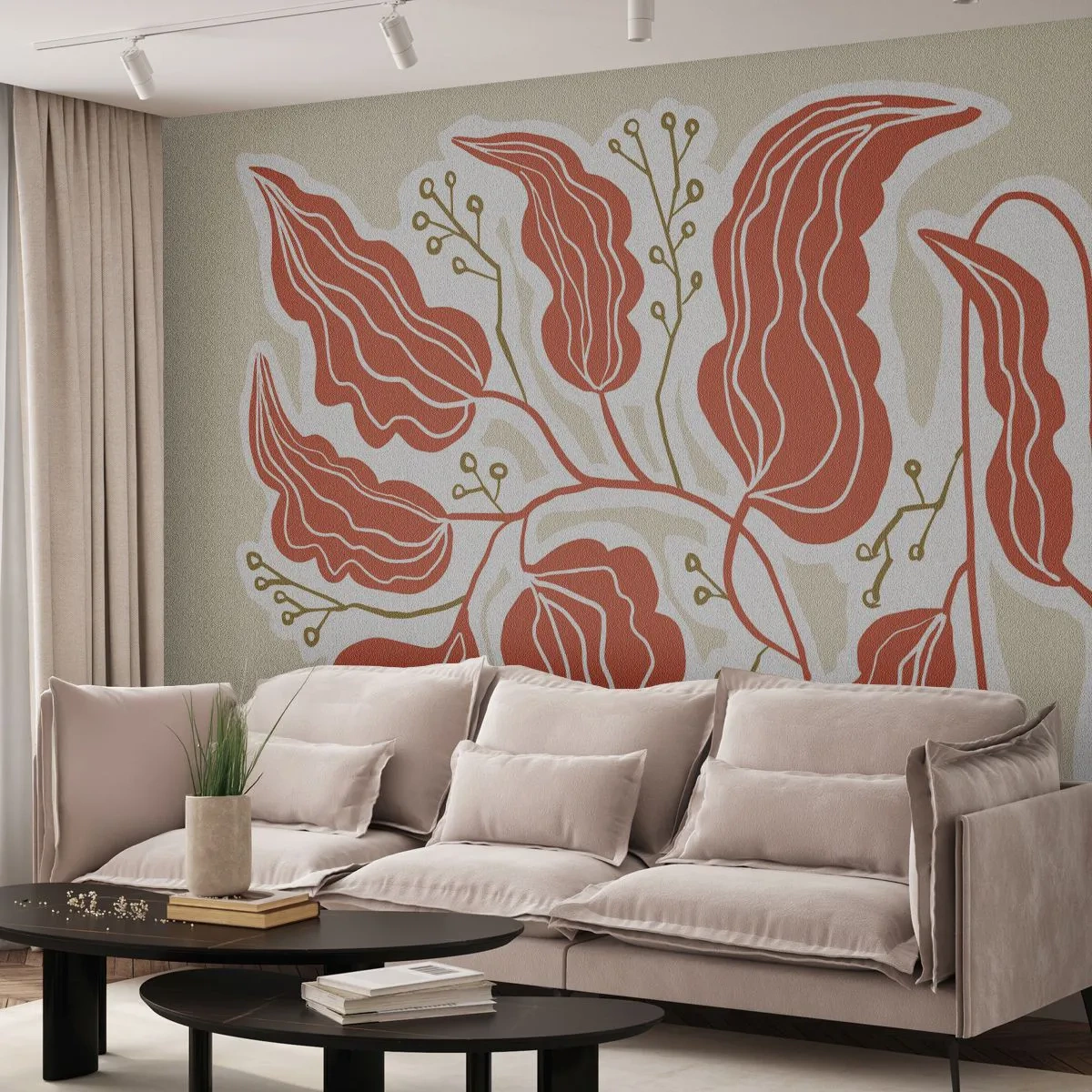 Fotomural Premium Sand - Hojas de coral y ramitas delicadas sobre un fondo claro. - 100x70cm - Folk y coral - Decoración de pared moderna para salón y dormitorio ARTTOR
