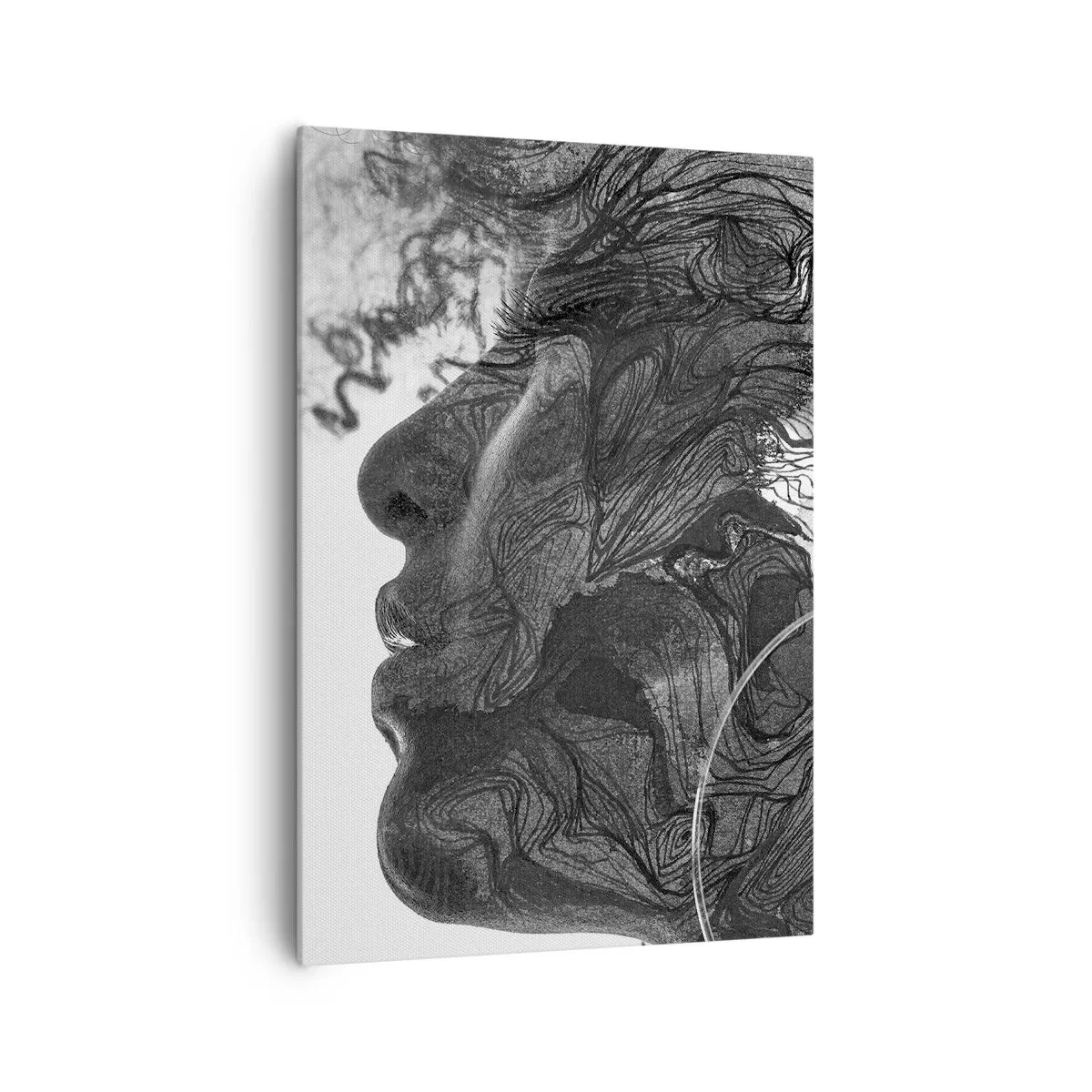 Cuadro sobre lienzo - Impresión de Imagen - Rostro abstracto en blanco y negro con líneas dinámicas. - 70x100cm - Enredada en sueños - Decoración de pared moderna para salón y dormitorio ARTTOR