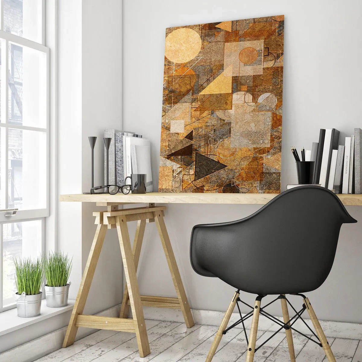 Cuadro sobre vidrio - Impresiones sobre Vidrio - Figuras geométricas abstractas en tonos cálidos. - 70x100cm - Estudio cubista en bronce - Decoración de pared moderna para salón y dormitorio ARTTOR