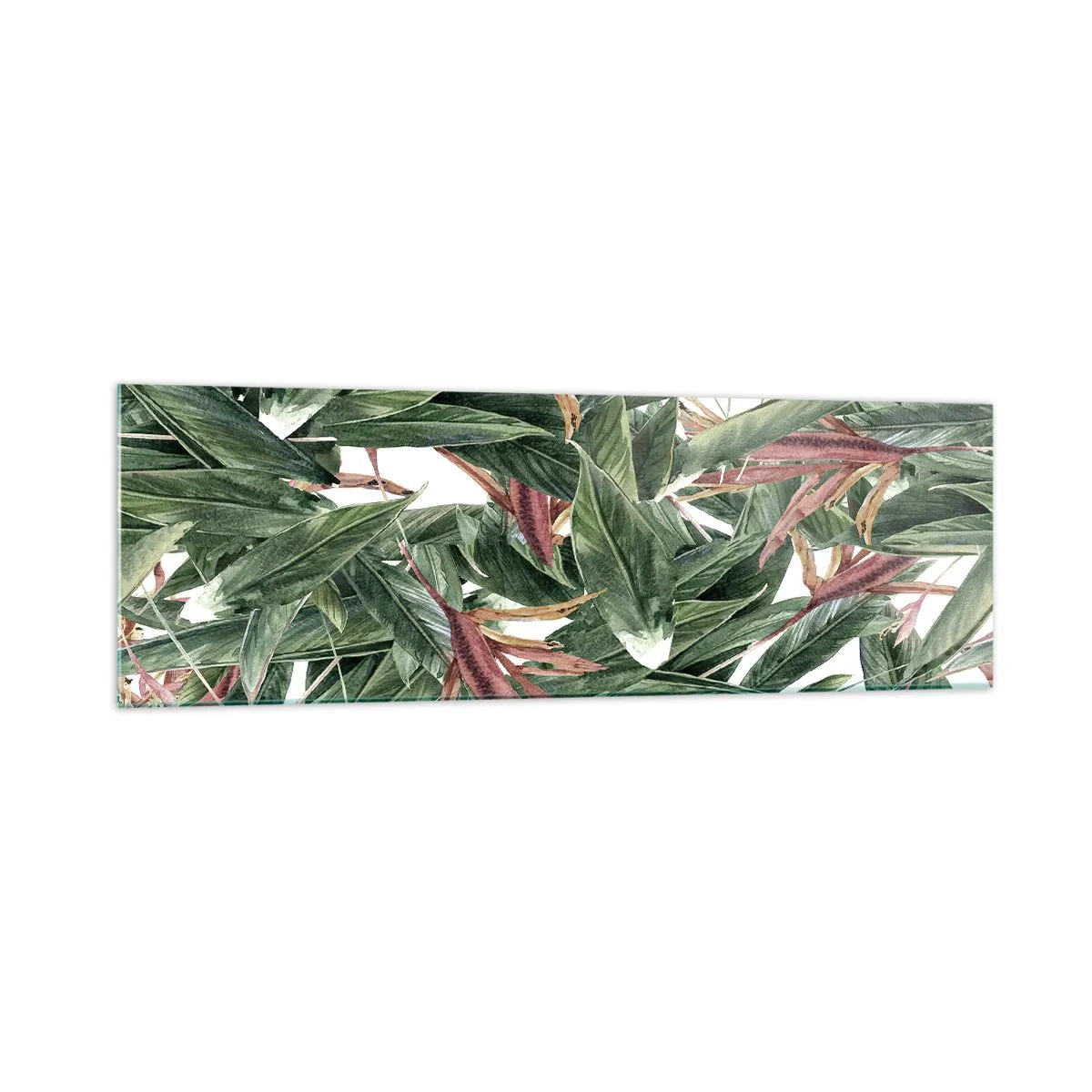 Cuadro sobre vidrio - Impresiones sobre Vidrio - Un motivo decorativo de hojas en tonos verdes y burdeos sobre un fondo claro. - 160x50cm - Naturaleza esmeralda y lila - Decoración de pared moderna para salón y dormitorio ARTTOR