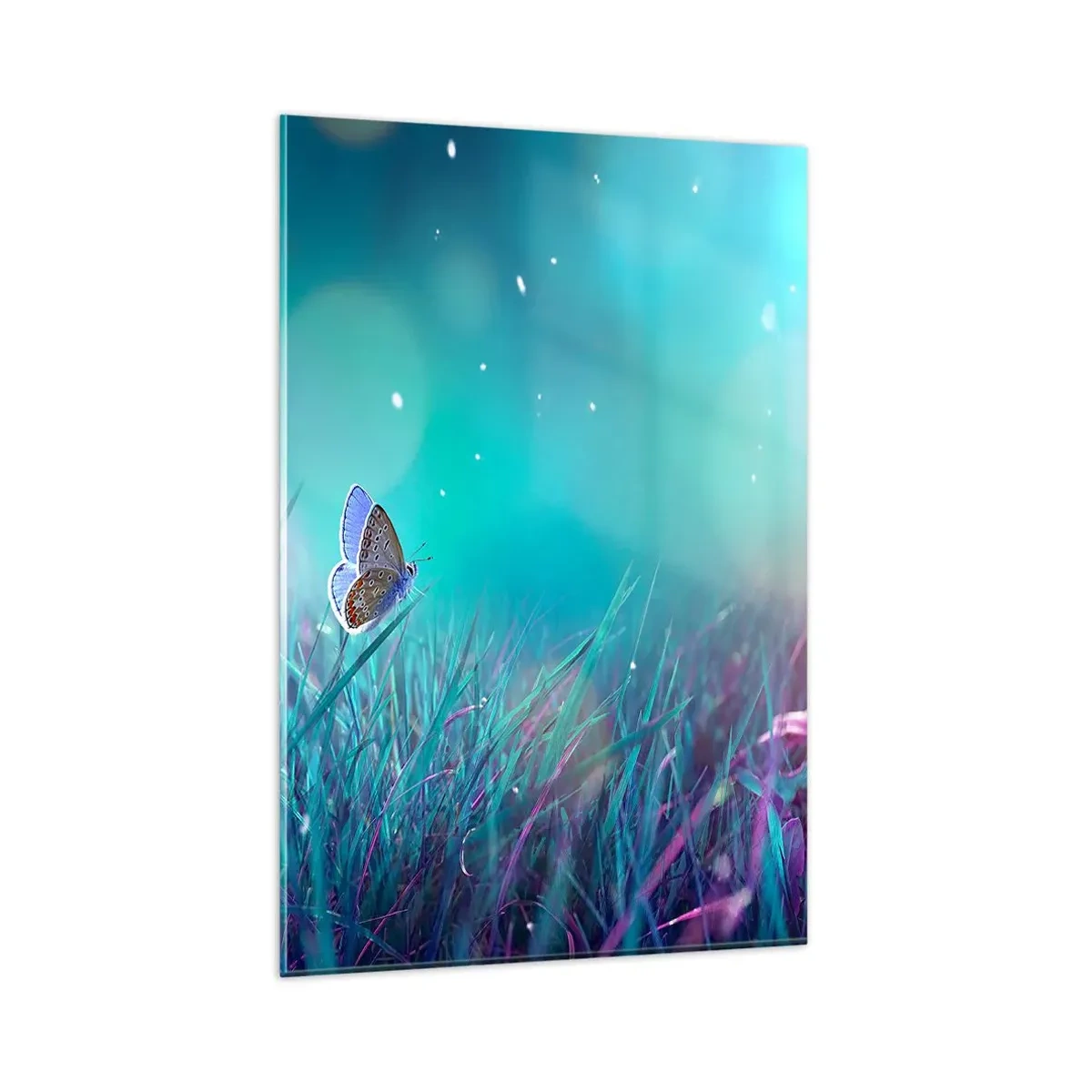 Cuadro sobre vidrio - Impresiones sobre Vidrio - Una mariposa sobre la hierba a la luz de reflejos borrosos. - 80x120cm - La vida secreta de un prado - Decoración de pared moderna para salón y dormitorio ARTTOR