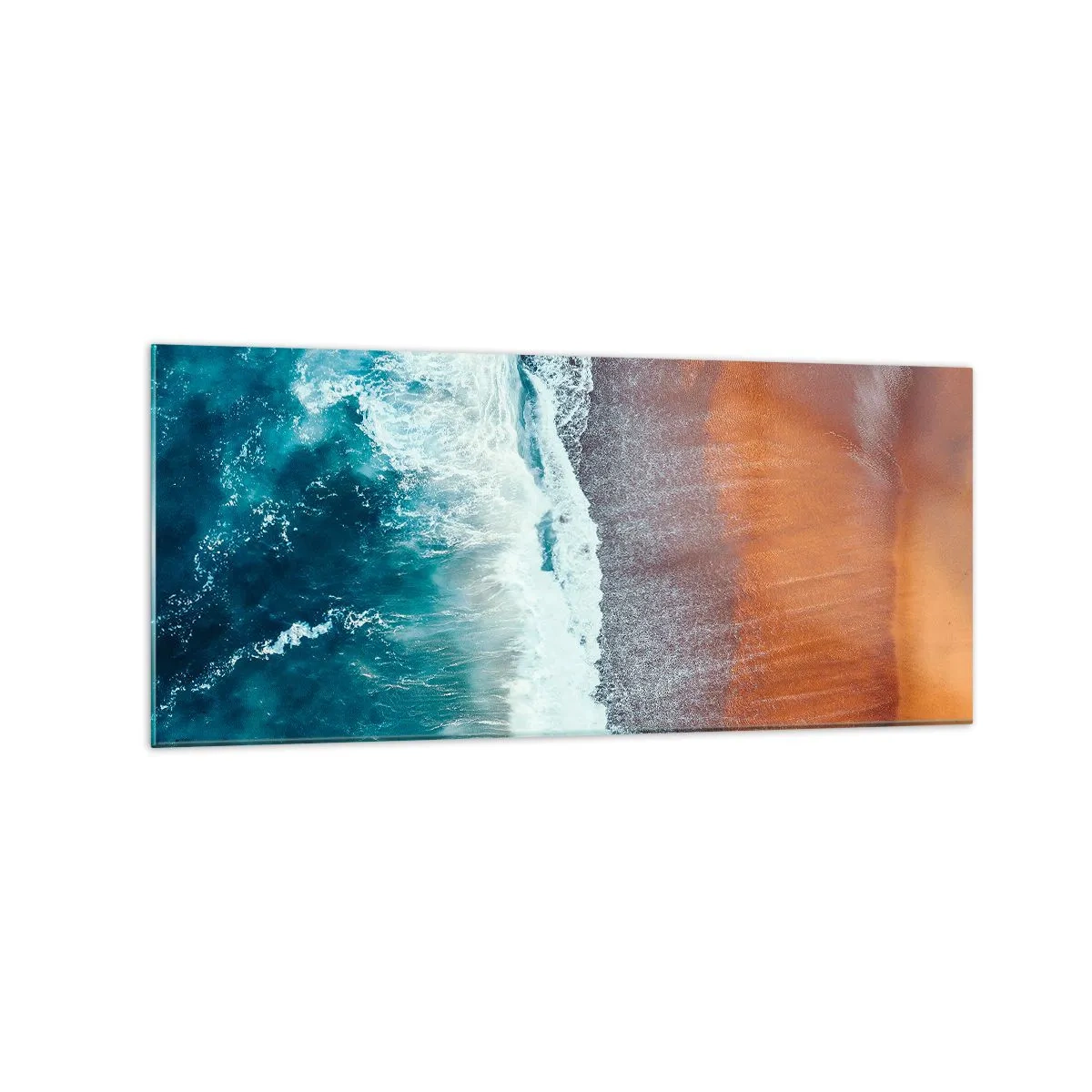 Cuadro sobre vidrio - Impresiones sobre Vidrio - Una vista de las olas del océano rompiendo en la playa dorada. - 120x50cm - Un toque de océano - Decoración de pared moderna para salón y dormitorio ARTTOR