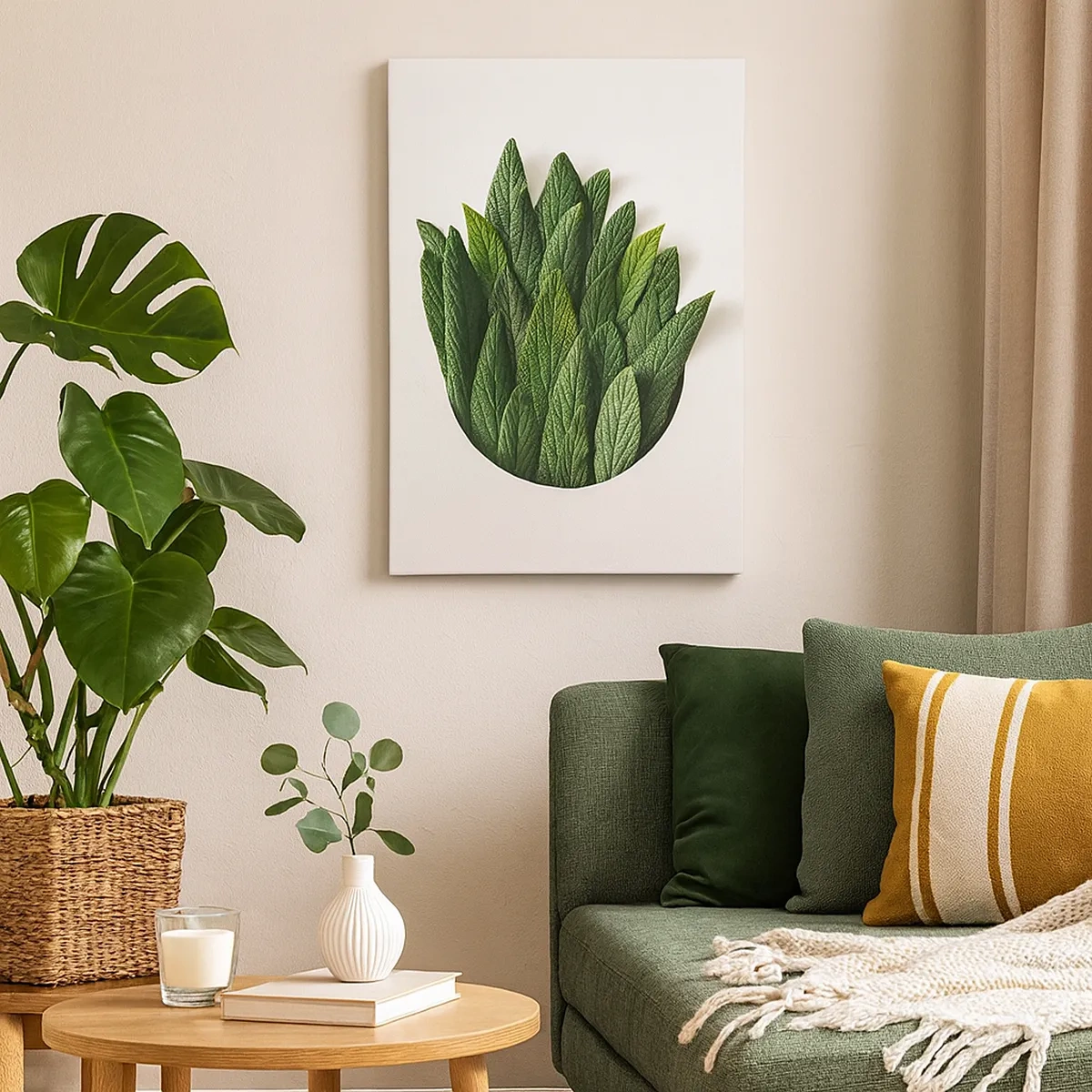 Cuadro sobre lienzo - Impresión de Imagen - Una composición de hojas verdes sobre un fondo claro. - 50x70cm - Curiosidad desenfrenada - Decoración de pared moderna para salón y dormitorio ARTTOR