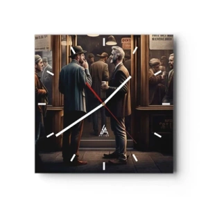 Reloj de pared - Reloj de vidrio - Escena callejera con gente frente a un café retro. - 30x30cm - Un buen momento del día - Decoración de pared moderna para salón y dormitorio ARTTOR