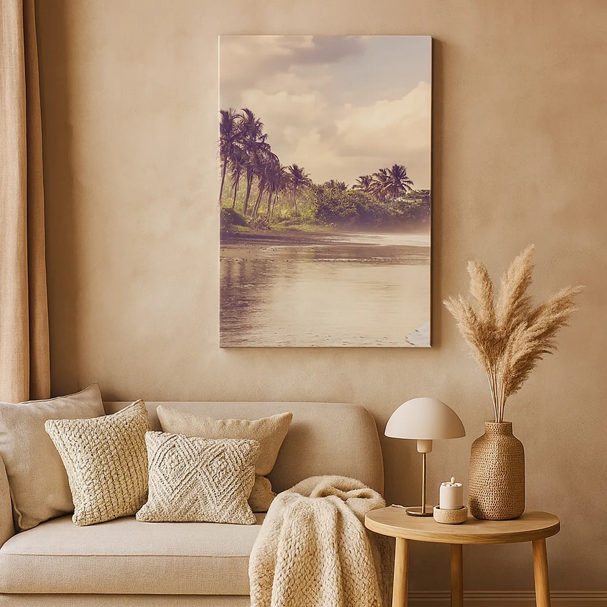 Cuadro sobre lienzo - Impresión de Imagen - Una playa con palmeras y olas suaves por la mañana. - 50x70cm - La caricia de las olas - Decoración de pared moderna para salón y dormitorio ARTTOR