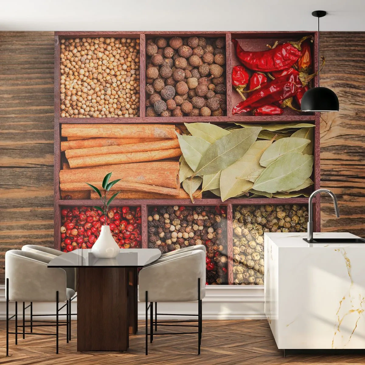 Fotomural Premium Canvas - Caja de madera con varias especias en compartimentos. - 100x70cm - Orden de formas, composición de aromas - Decoración de pared moderna para salón y dormitorio ARTTOR