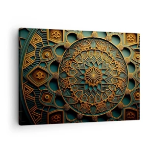 Cuadro sobre lienzo - Impresión de Imagen - Un mandala dorado sobre un fondo turquesa con ricos detalles. - 70x50cm - En un clima árabe - Decoración de pared moderna para salón y dormitorio ARTTOR