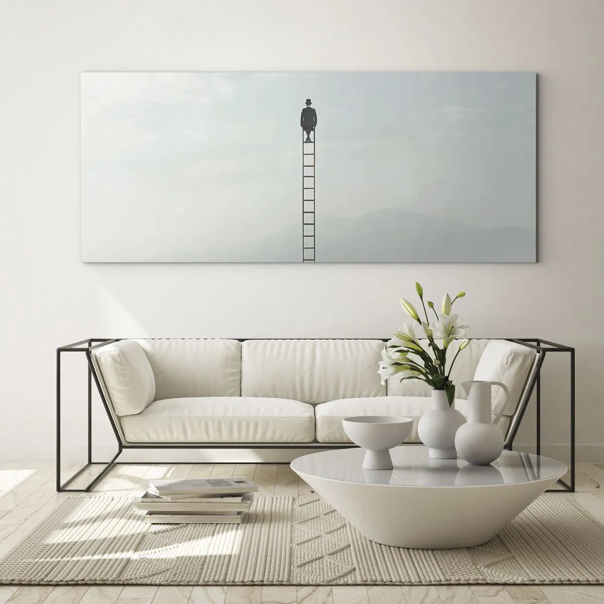 Cuadro sobre vidrio - Impresiones sobre Vidrio - Un hombre en una escalera que sube hacia el cielo. - 160x50cm - Hacia lo más alto - Decoración de pared moderna para salón y dormitorio ARTTOR