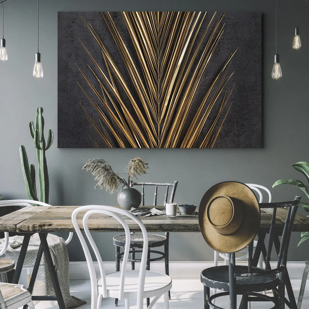 Cuadro sobre lienzo - Impresión de Imagen - Hoja tropical dorada sobre fondo negro - 70x50cm - El oro de los trópicos - Decoración de pared moderna para salón y dormitorio ARTTOR