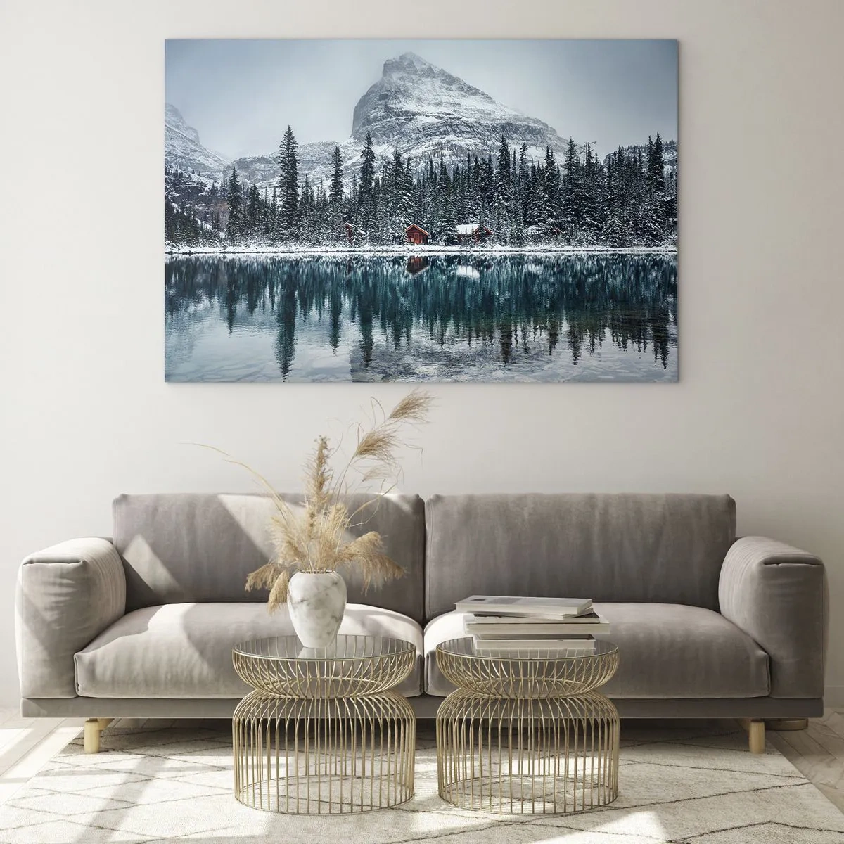 Cuadro sobre vidrio - Impresiones sobre Vidrio - Paisaje invernal con montañas, bosques y cabañas junto al lago. - 70x50cm - Retiro canadiense - Decoración de pared moderna para salón y dormitorio ARTTOR