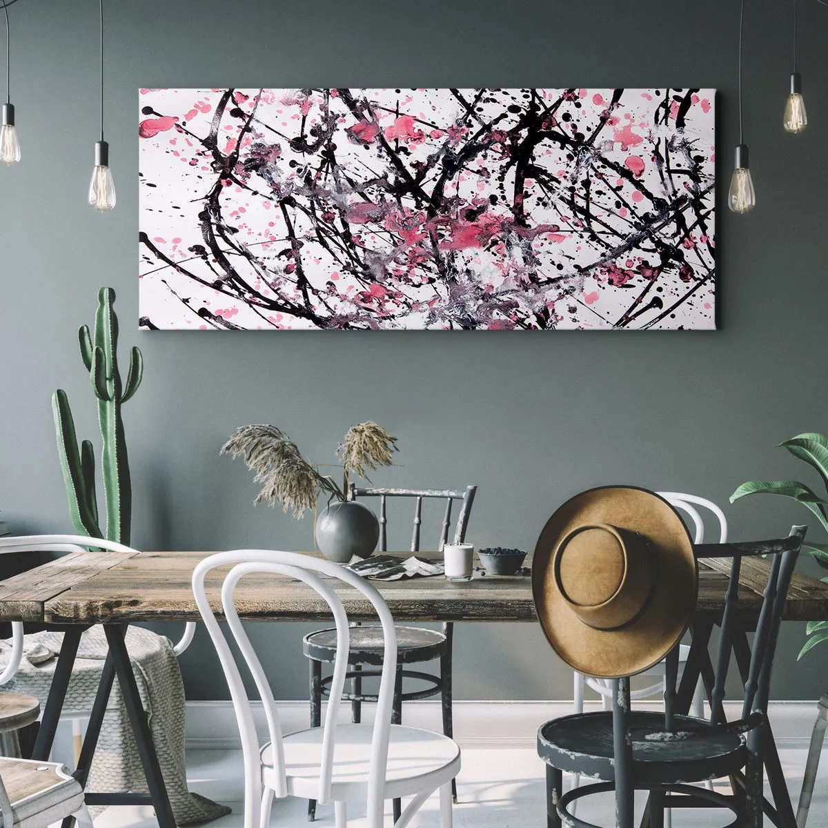 Cuadro sobre lienzo - Impresión de Imagen - Patrón abstracto en tonos rosa, negro y blanco. - 160x50cm - La fugacidad de la vida - Decoración de pared moderna para salón y dormitorio ARTTOR