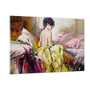 Cuadro sobre vidrio - Impresiones sobre Vidrio - Una mujer con un vestido amarillo sentada en una cama en estilo impresionista. - 120x80cm - La hermosura y frescura de la flor - Decoración de pared moderna para salón y dormitorio ARTTOR