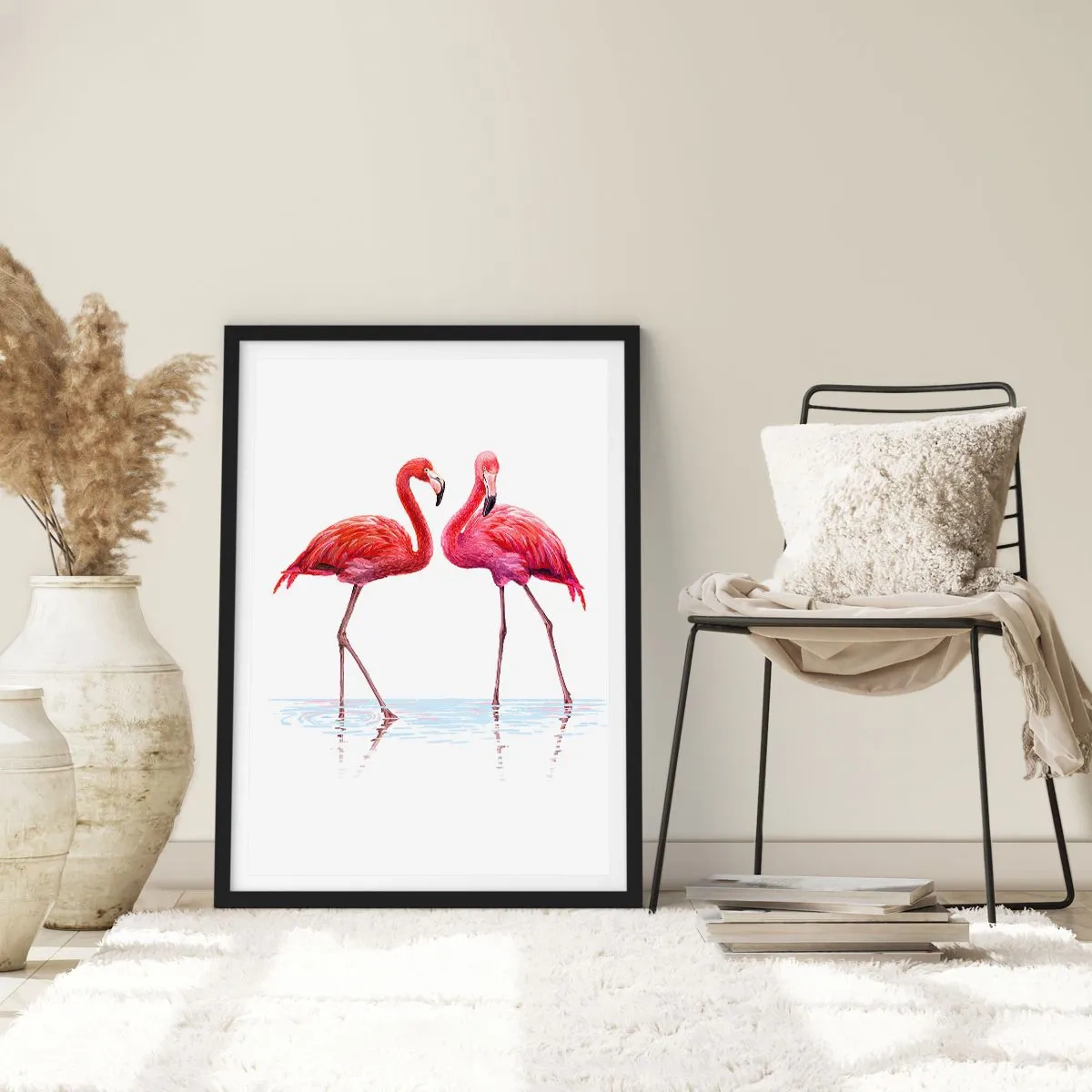 Póster en marco negro - Dos flamencos sobre un fondo blanco con reflejo en el agua. - 50x70cm - Cita rosada - Decoración de pared moderna para salón y dormitorio ARTTOR