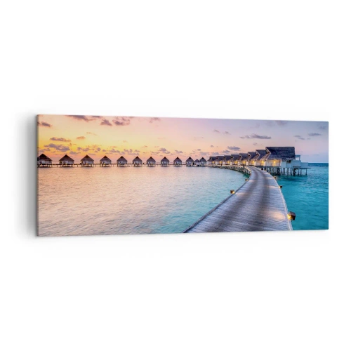 Cuadro sobre lienzo - Impresión de Imagen - El muelle que conduce a las cabañas frente al mar al atardecer. - 140x50cm - Vacaciones - volver al origen - Decoración de pared moderna para salón y dormitorio ARTTOR
