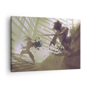 Cuadro sobre lienzo - Impresión de Imagen - Lucha dinámica entre dos personajes en estilo futurista. - 70x50cm - Y puedes ser un samurai - Decoración de pared moderna para salón y dormitorio ARTTOR