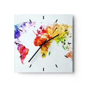 Reloj de pared - Reloj de vidrio - Mapa del mundo colorido en acuarela - 30x30cm - Todos los colores del mundo - Decoración de pared moderna para salón y dormitorio ARTTOR