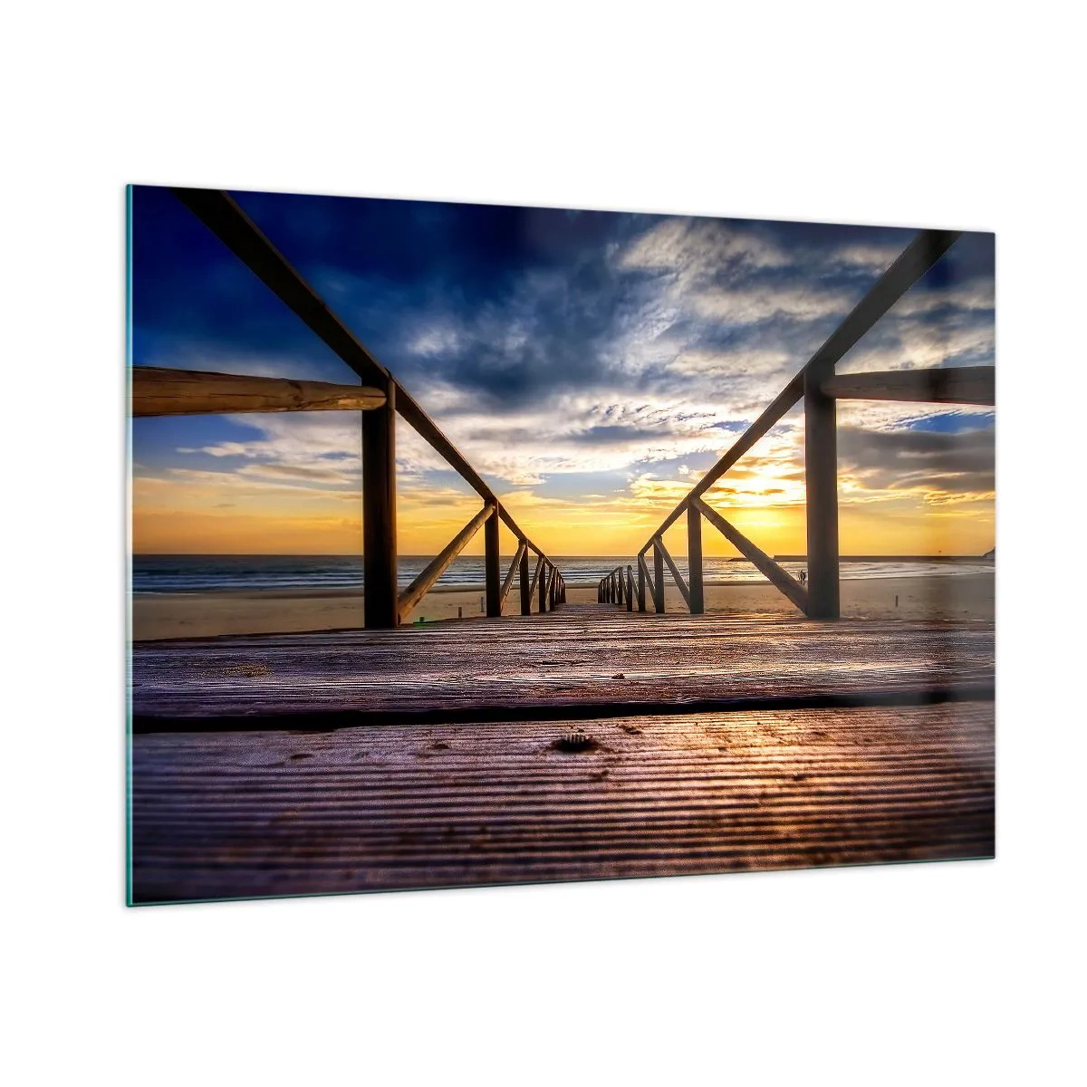 Cuadro sobre vidrio - Impresiones sobre Vidrio - Muelle que conduce a la playa al atardecer - 100x70cm - Directamente hacia una playa tranquila al atardecer - Decoración de pared moderna para salón y dormitorio ARTTOR