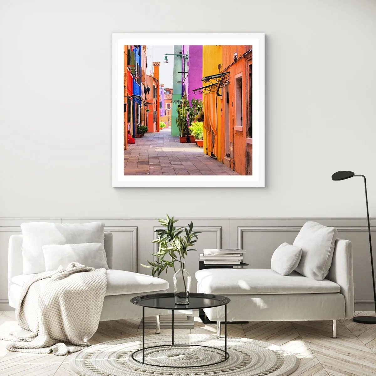 Póster en marco blanco - El callejón arco iris - 50x50 cm