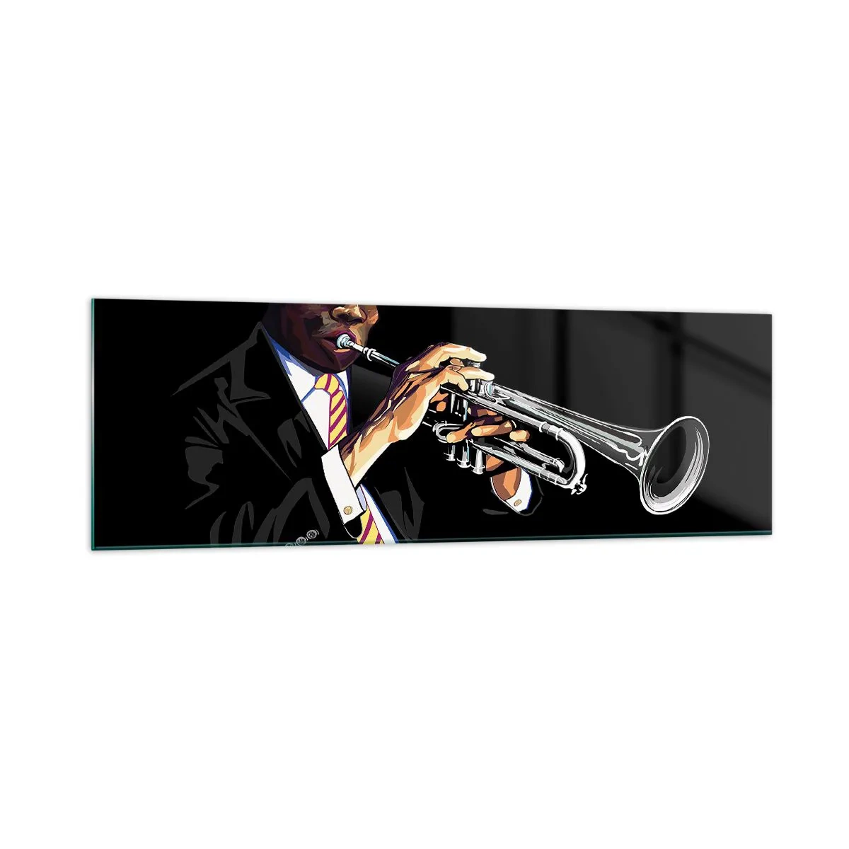 Cuadro sobre vidrio - Impresiones sobre Vidrio - Un músico tocando la trompeta sobre un fondo negro. - 160x50cm - El encanto de la vieja escuela - Decoración de pared moderna para salón y dormitorio ARTTOR