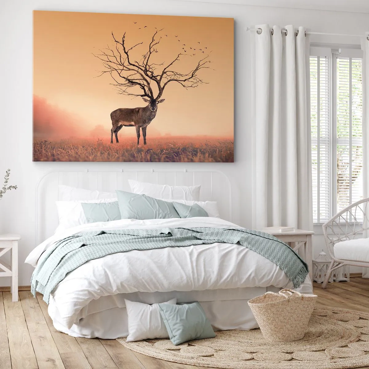 Cuadro sobre lienzo - Impresión de Imagen - Un elegante gráfico de ciervo con ramas en lugar de astas. - 70x50cm - El eterno espíritu del bosque - Decoración de pared moderna para salón y dormitorio ARTTOR