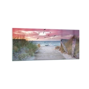 Cuadro sobre vidrio - Impresiones sobre Vidrio - Camino de madera en la playa al atardecer rosa - 120x50cm - Impresión del Báltico - Decoración de pared moderna para salón y dormitorio ARTTOR