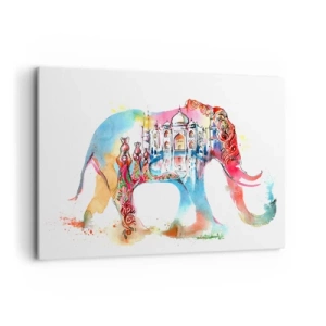 Cuadro sobre lienzo - Impresión de Imagen - Pintura de acuarela colorida de un elefante con un motivo del Taj Mahal. - 100x70cm - India: el aura del amor - Decoración de pared moderna para salón y dormitorio ARTTOR