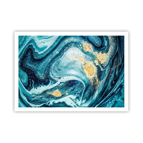 Póster - Una composición abstracta de ondas y acentos dorados. - 100x70cm - Vórtice azul - Decoración de pared moderna para salón y dormitorio ARTTOR